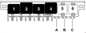 Microcentralita eléctrica del Audi A6 C5 (1997-2005) detrás del espacio para los pies.