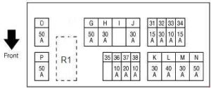 Diagrama de fusibles E213 del compartimento del motor para Infiniti FX35 S51.