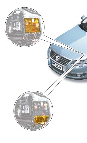 Caja de fusibles y relés del Passat B6 en el compartimento del motor.