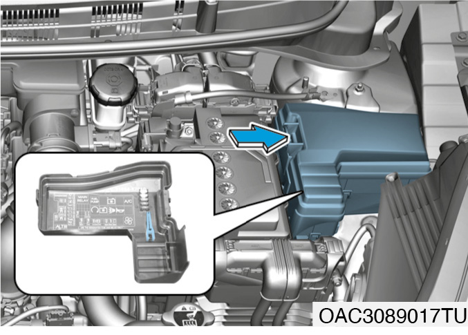 Diagrama de la caja de fusibles del Hyundai i10 III en el compartimento del motor.