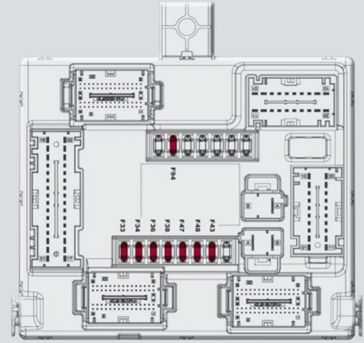 Diagrama de la caja de fusibles del maletero del Alfa Romeo Giulia.