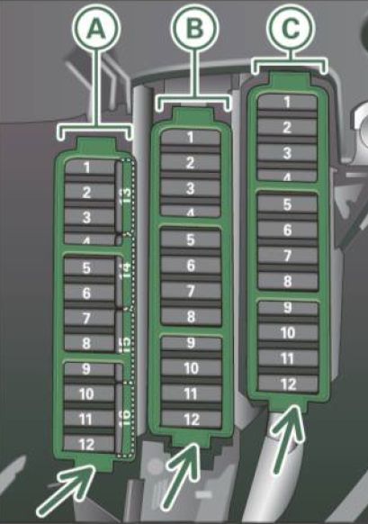 Diagrama de la caja de fusibles del panel de instrumentos, lado del conductor.