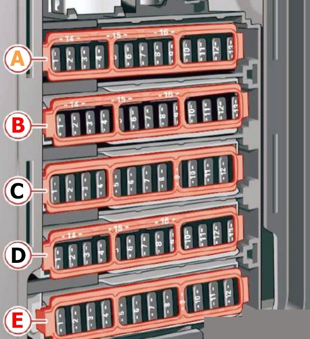 Diagrama de la caja de fusibles del reposapiés para vehículos con volante a la derecha.
