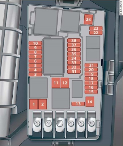 Diagrama de la caja de fusibles del compartimento del motor, incluyendo la tapa del maletero.