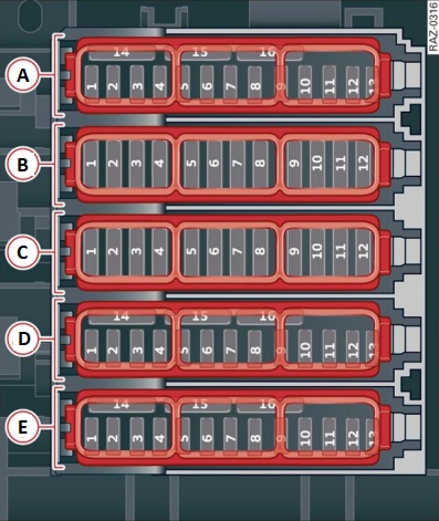 Esquema de la caja de fusibles, versión 2, en el espacio para los pies del conductor.