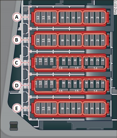 Detalle del esquema de fusibles en el maletero, incluyendo el compresor del aire acondicionado.