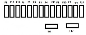 Diagrama detallado de la caja de fusibles F9 del Citroen C3 Picasso bajo el salpicadero.