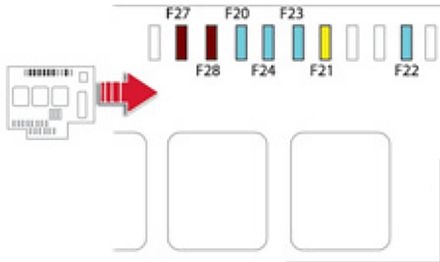 Diagrama de fusibles del motor, situado junto a la batería del vehículo.