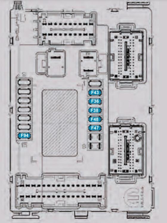 Vista alternativa de la caja de fusibles del salpicadero para Fiat 500 (2020-2021).