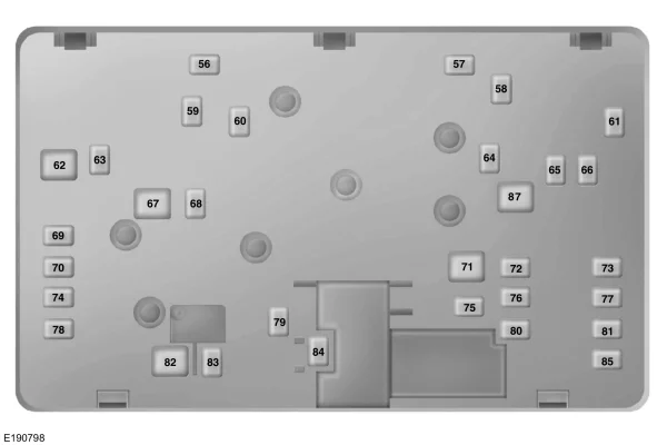 Vista inferior de la caja de fusibles del Ford Galaxy (2015-2016).