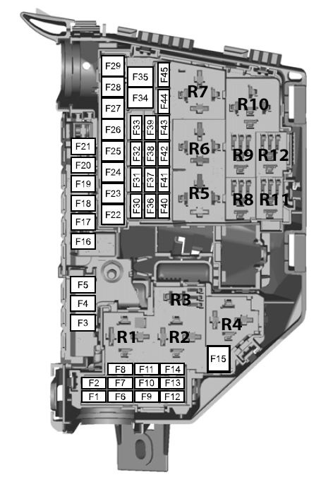 Diagrama de fusibles del compartimento del motor del Ford Fiesta (2008-2009).