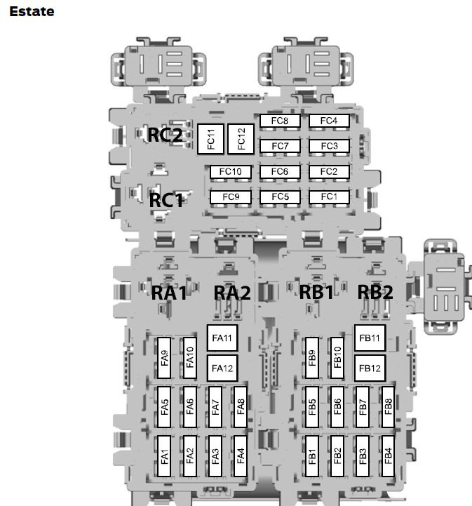 Diagrama de la caja de fusibles trasera del Ford Fiesta (2008-2009) con volante a la derecha.