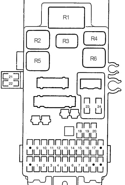 Diagrama de fusibles y relés del Honda Prelude, en el habitáculo, con mando de apertura.