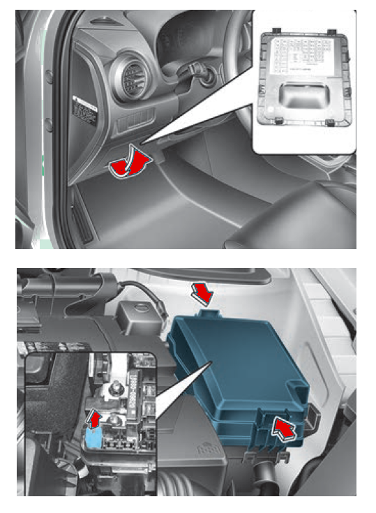 Diagrama de la ubicación de la caja de fusibles del Hyundai Kona I (2017-2021).