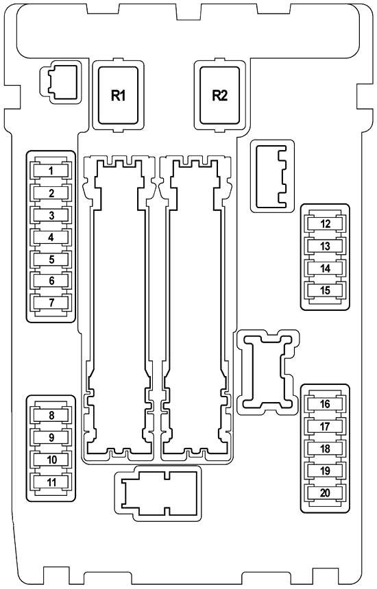 Diagrama de fusibles IPDM E/R en el compartimento del motor, cerca de la batería.