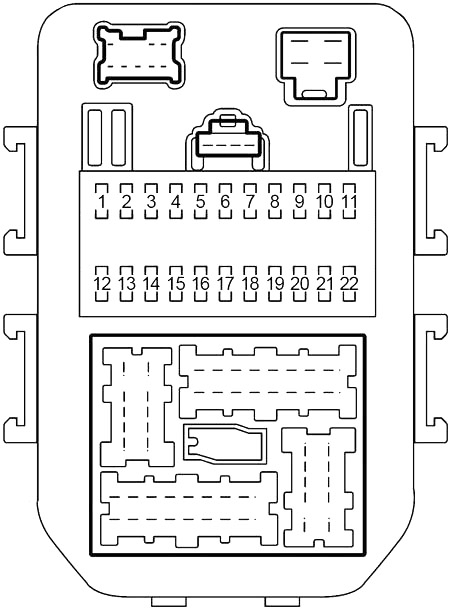 Diagrama de la caja de fusibles n.º 1 de la cabina, lado del conductor.