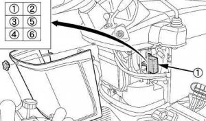 Detalle de una caja de fusibles automotriz con múltiples fusibles.
