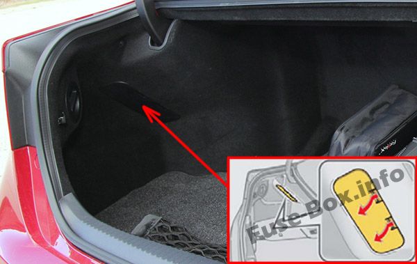 Ubicación de la caja de fusibles en el maletero izquierdo del Lexus GS450h.