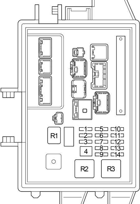 Diagrama de la caja de fusibles del maletero, ubicada bajo la cubierta lateral izquierda.