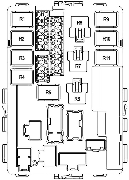 Diagrama de la caja de fusibles n.º 1 del compartimento del motor, cerca del depósito del limpiaparabrisas.