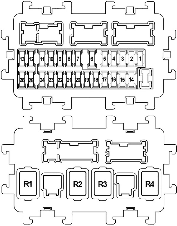 Diagrama detallado de la caja de fusibles del salpicadero, ubicada tras la cubierta.