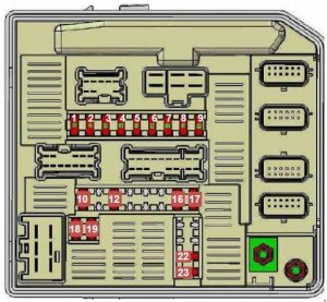 Esquema detallado de la caja de fusibles del motor del Opel Movano (2010-2017).