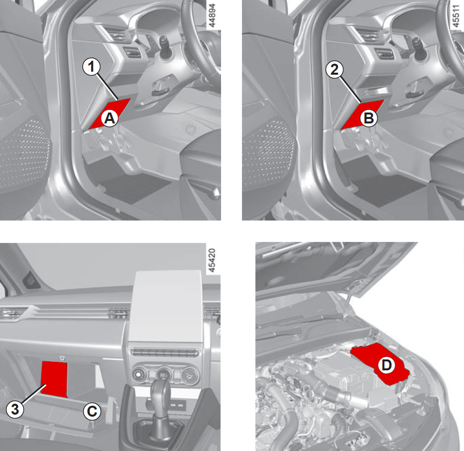 Diagrama de la caja de fusibles del Renault Clio V en el habitáculo.