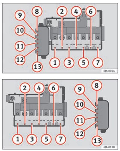 Esquema de fusibles del motor del SEAT Toledo NH (2012-2019) con volante multifunción.