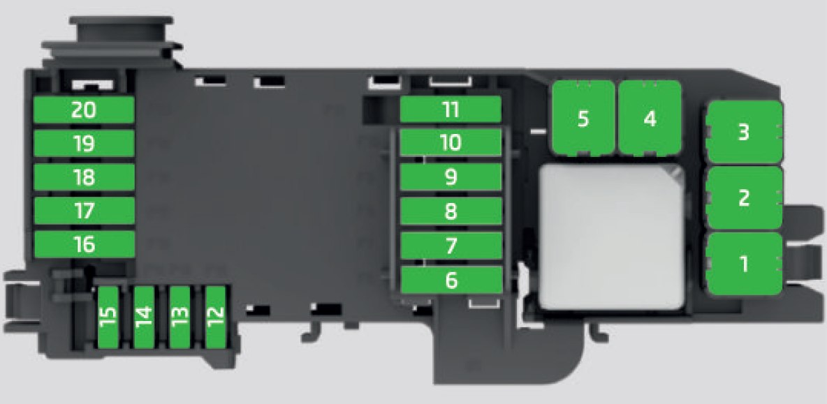 Ubicación y diagrama de fusibles en el compartimento del motor de Skoda Fabia.