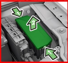Ubicación del diagrama de fusibles en el compartimento del motor, con tapa retirada.