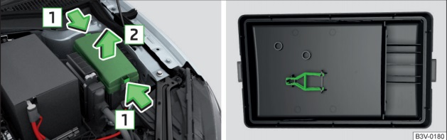 Caja de fusibles en el compartimento del motor, mostrando la guantera inclinada.