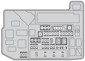 Diagrama detallado de fusibles del compartimento del motor del Toyota Prius V 2012.