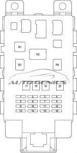 Diagrama detallado de la caja de fusibles del habitáculo del Toyota Yaris Verso.