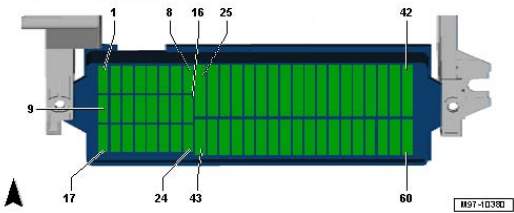 Versión tipo 1 de la caja de fusibles del Golf Plus, mostrando elementos 58 y 60.