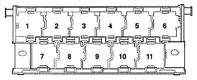 Diagrama del bloque de relés del Volkswagen Lupo (1998-2005), situado cerca del panel de fusibles.