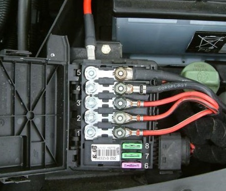Caja de fusibles de alimentación principal del VW Sharan junto a la batería.