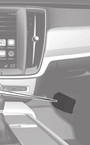 Caja de fusibles bajo la guantera del Volvo S60 para tomas de 12V.