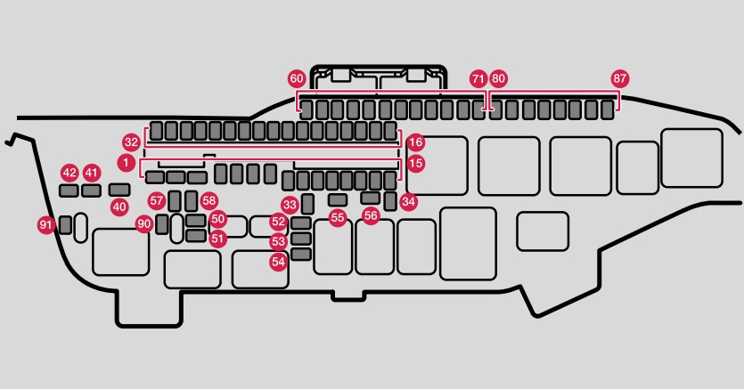 Diagrama de fusibles debajo del asiento del Volvo XC40.