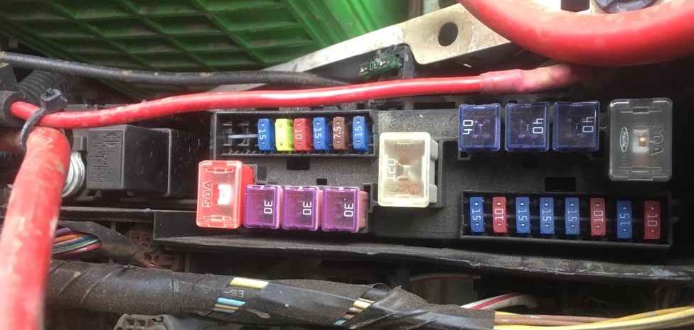 Fotografía de la caja de fusibles principal en el compartimento del motor.