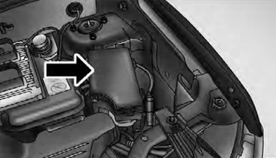 Diagrama de la ubicación del Módulo de Potencia Integrado en el compartimento del motor.
